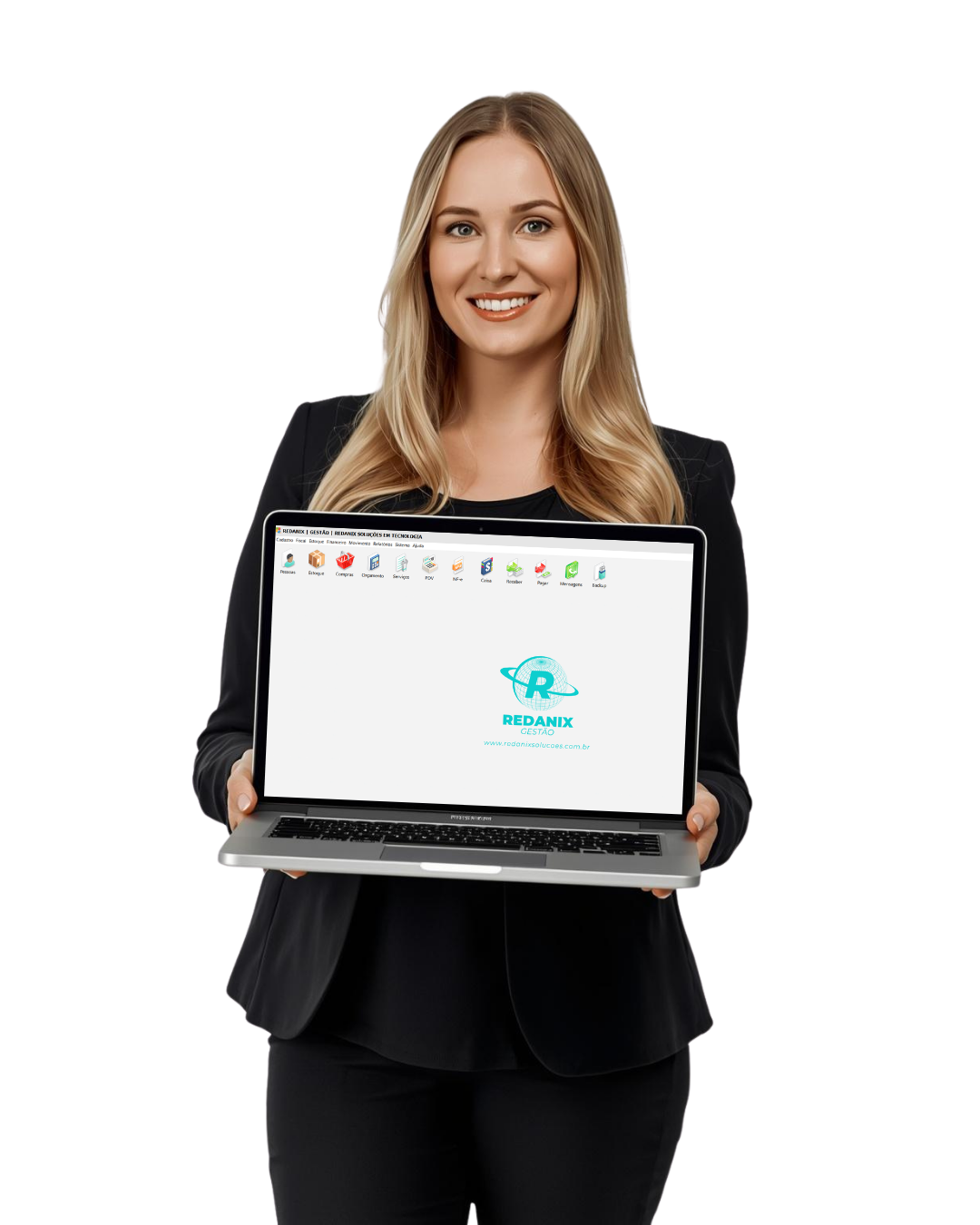 Mulher loira segurando notebook redanix gestao erp